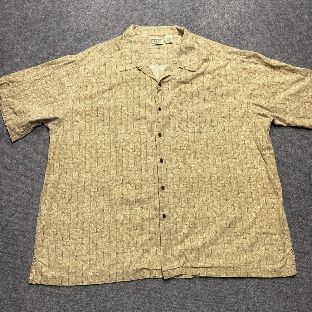 L.L. Bean Shirt‎ Mens XXL Tan Geometric Block Print Short Sleeve 100% Cotton